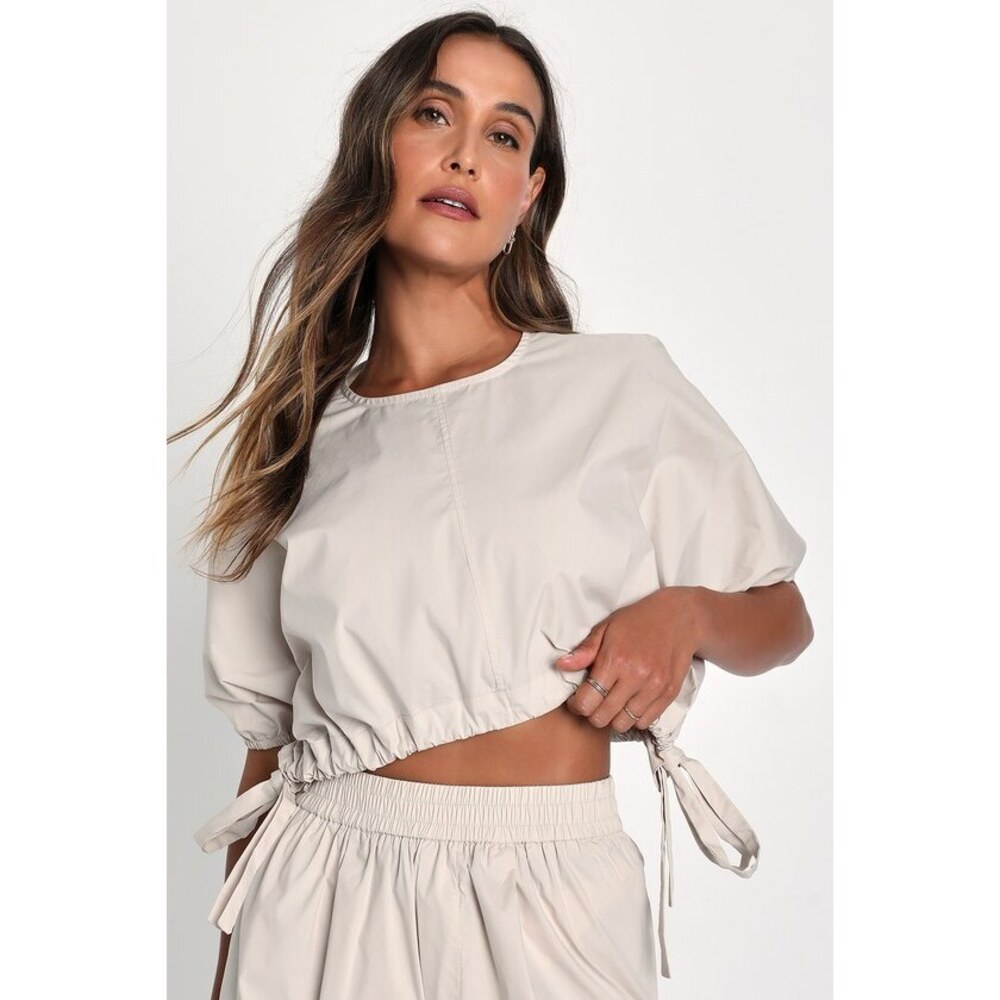 Lulus Coolest Cutie Beige Short Sleeves Drawstring Crop Top - Size S